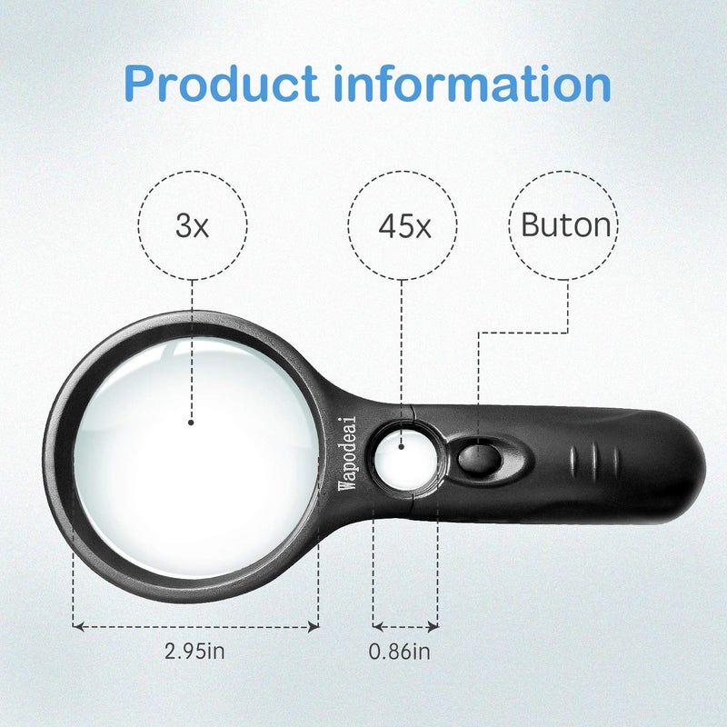 Wapodeai 3X 45X High Magnification, Suitable for Reading, Jewellery, Lnspection, Science (Black) - Image 2
